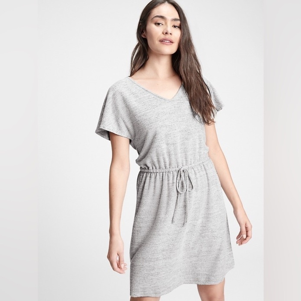 Gap Relaxed V-Neck Dress Flutter Sleeve Grey Marble XL